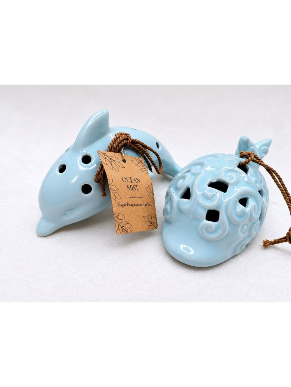 Blue Ceramic Dolphin Whale Sachet Holder Beach Coastal Ocean Bathroom Decor Set